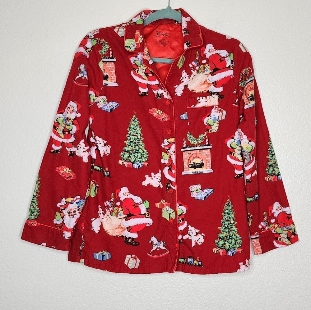 Nick & Nora Red Christmas Vintage Santa & Pups Pajama Top S